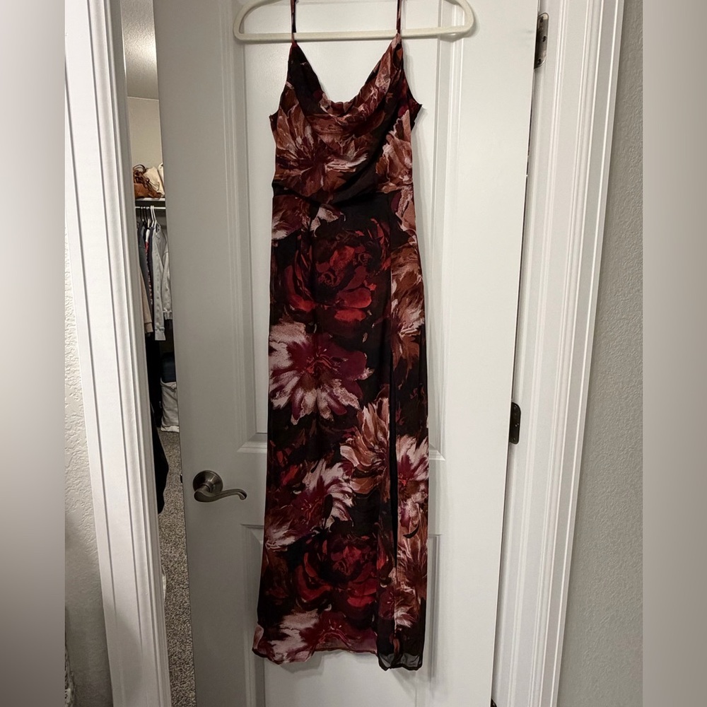 Lulus Flowery Passion Burgundy Floral Print Cowl Neck Midi Dress size small - Picture 3 of 8